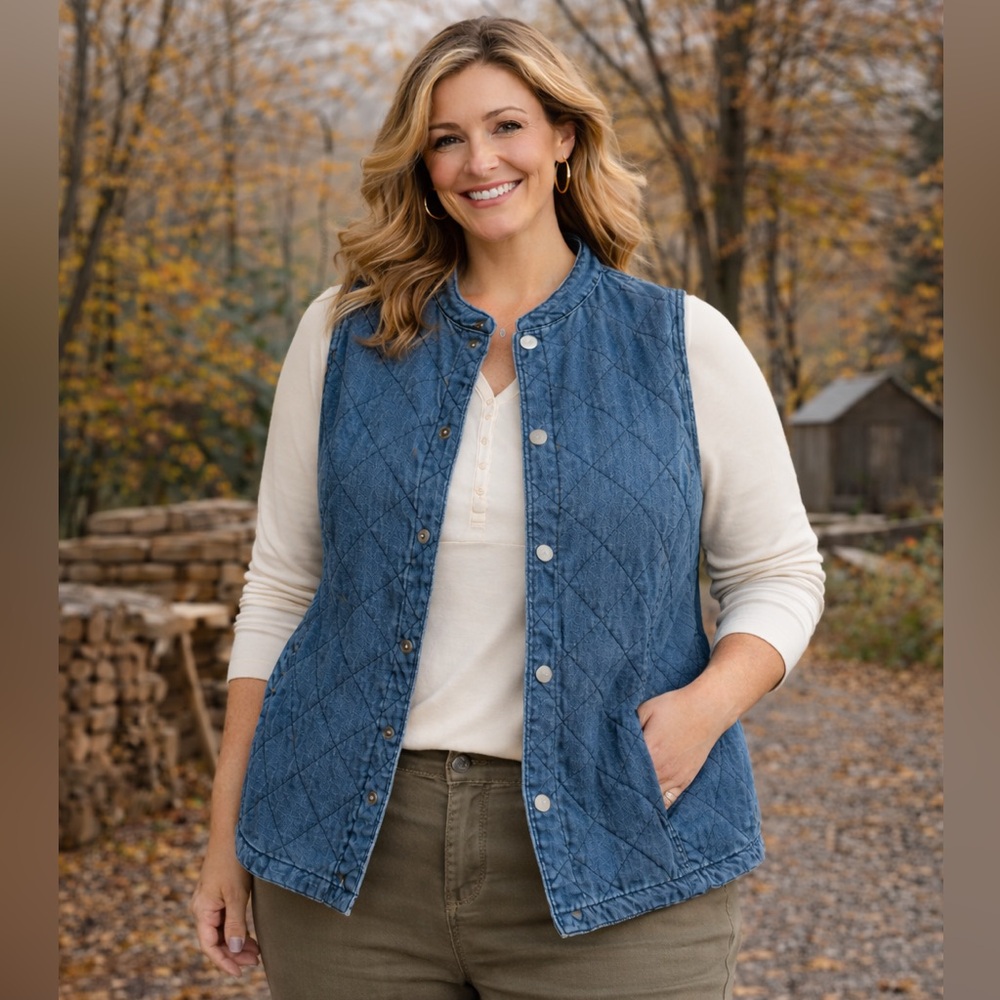 Christopher & Banks Denim Quilted Collarless Vest in Blue Button Front
